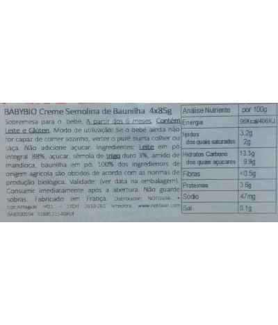 Babybio Creme Sêmola Baunilha 4x85gr
