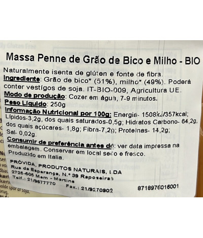 La Bio Idea Penne Grão de Bico Milho 250gr