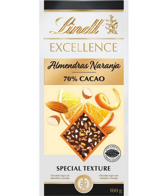 Lindt Excellence Chocolate Preto Amêndoa Laranja 70% 100gr