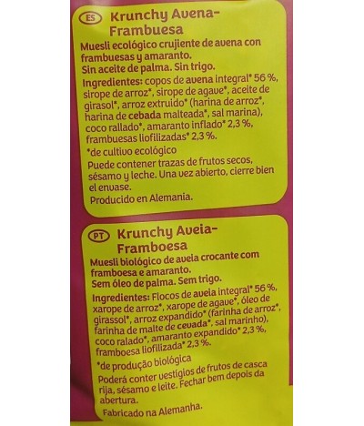 Barnhouse Krunchy Muesli Amaranto Framboesa BIO 375gr