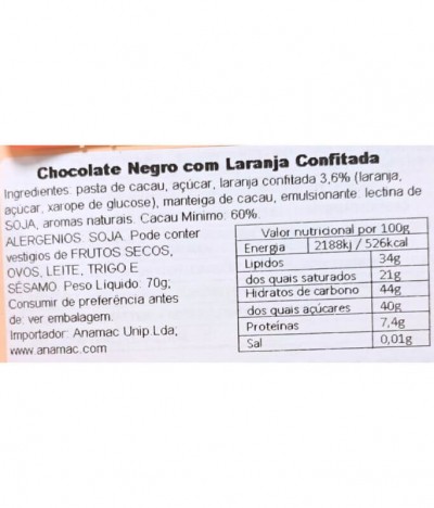 Dolfin Tablete Chocolate Preto Laranja Confitada 70gr